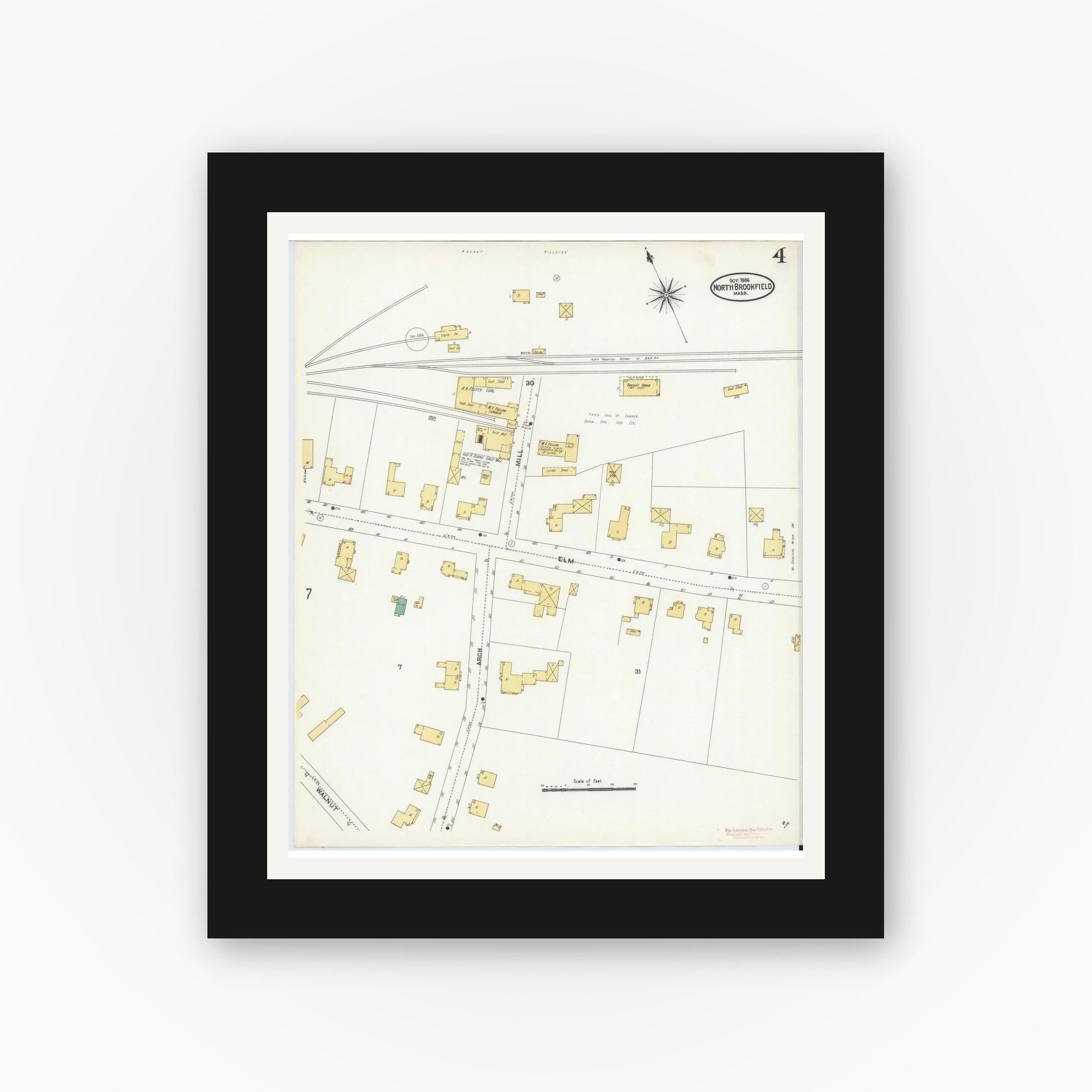 Old map wall art mockup — black gallery frame with white mat — Sanborn Fire Insurance Map from North Brookfield, Worcester County, Massachusetts (1906), Sheet #0004