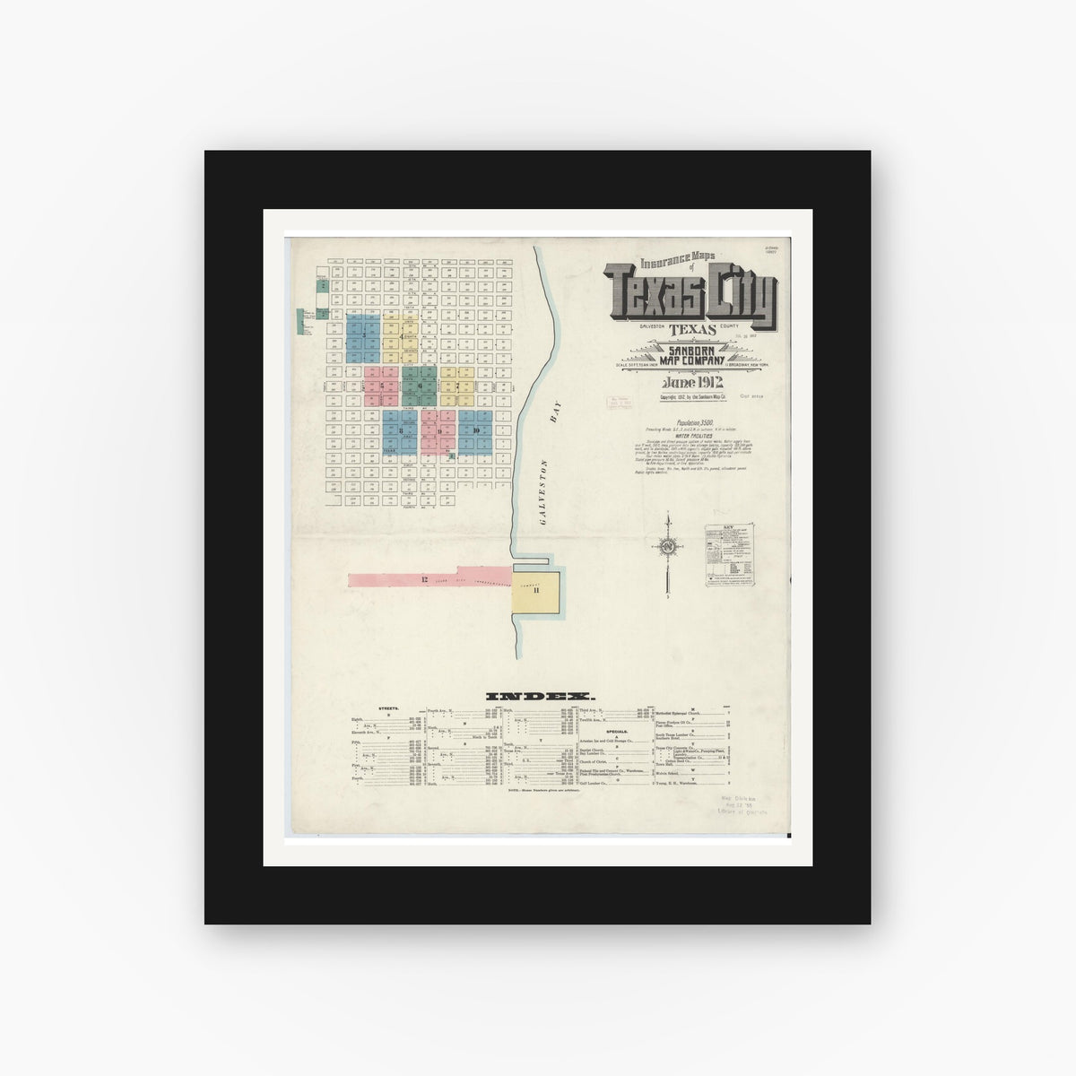 Old map wall art mockup — black gallery frame with white mat — Sanborn Fire Insurance Map from Texas City, Galveston County, Texas (1912), Sheet #0001