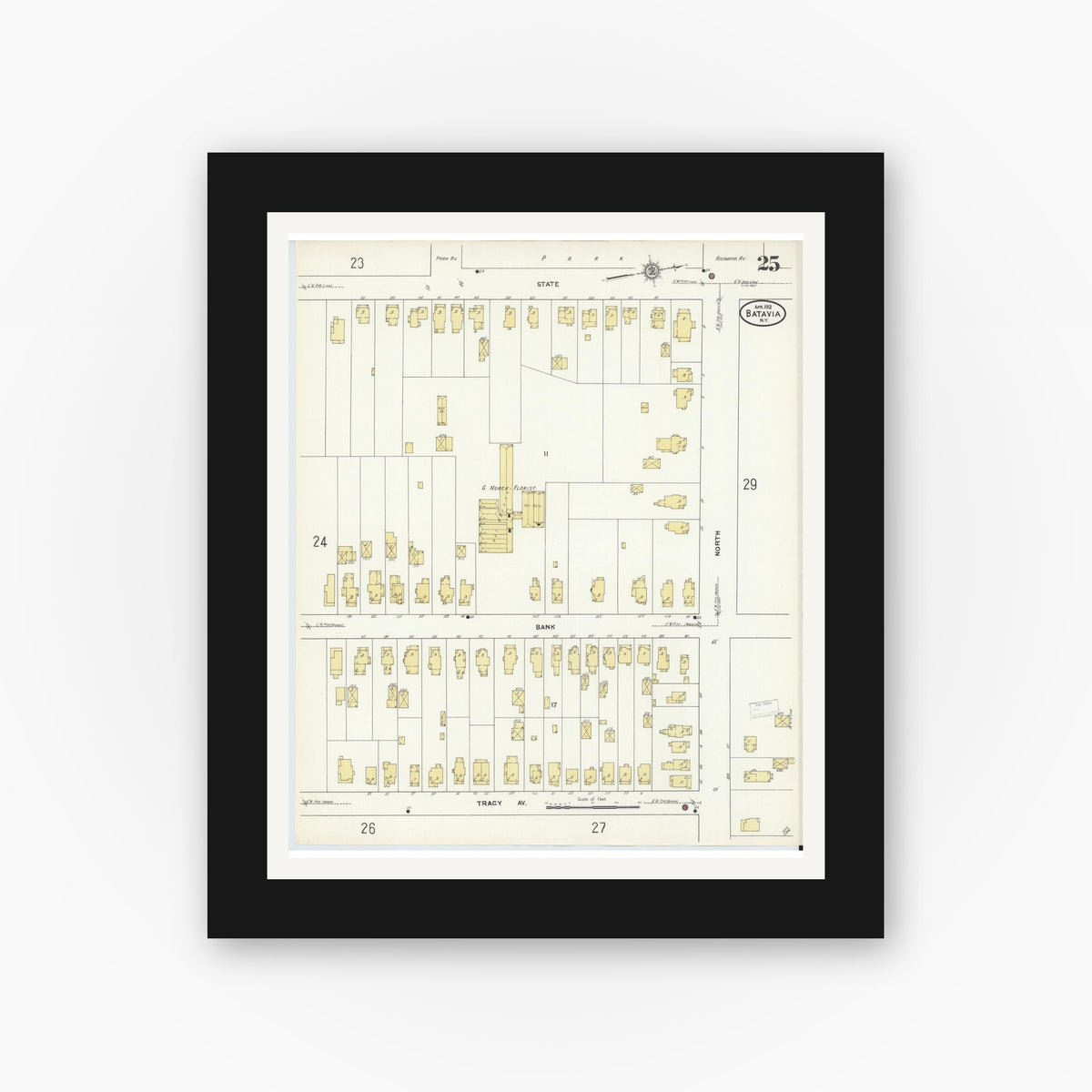 Old map wall art mockup — black gallery frame with white mat — Sanborn Fire Insurance Map from Batavia, Genesee County, New York (1912), Sheet #0025