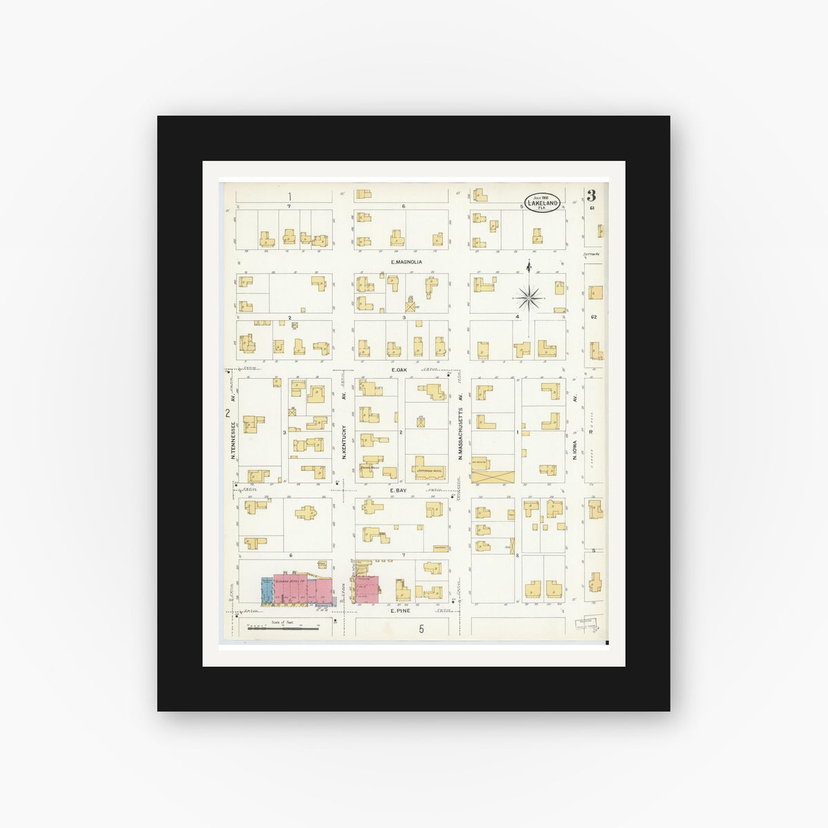 Old map wall art mockup — black gallery frame with white mat — Sanborn Fire Insurance Map from Lakeland, Polk County, Florida (1908), Sheet #0003