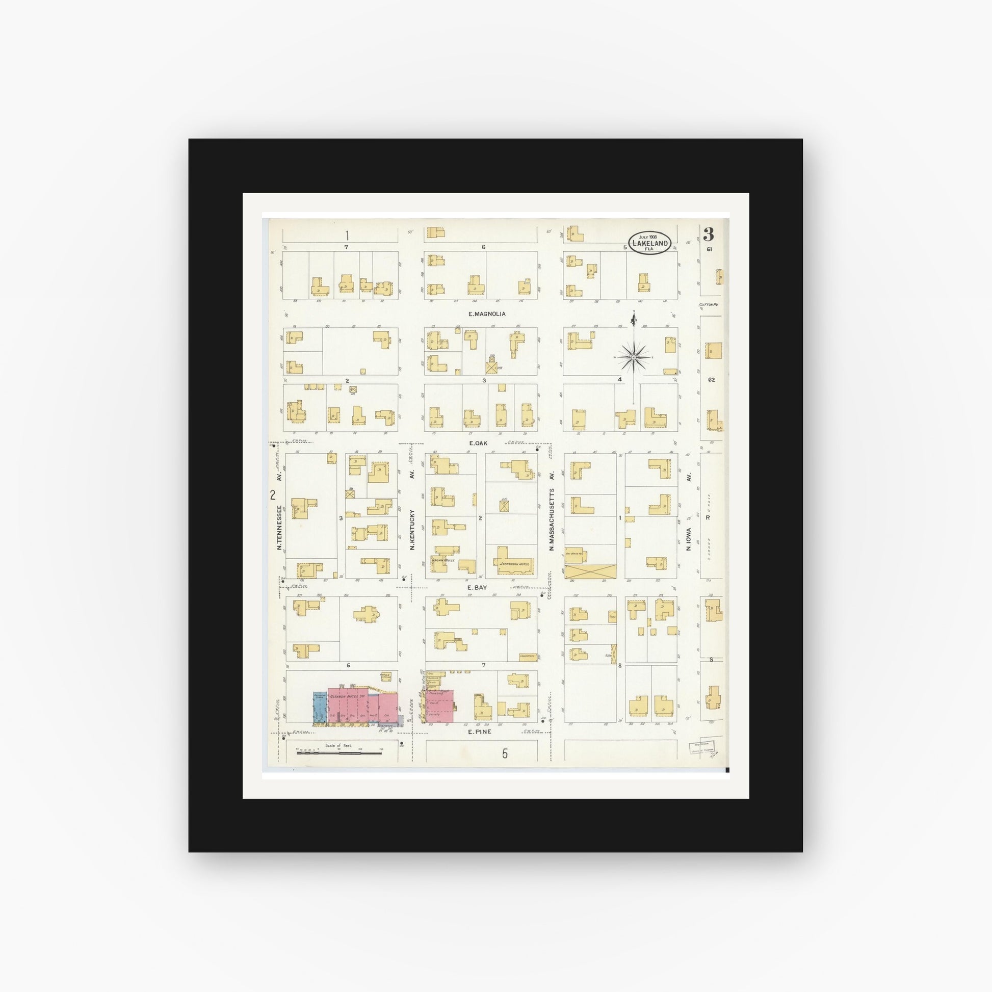 Old map wall art mockup — black gallery frame with white mat — Sanborn Fire Insurance Map from Lakeland, Polk County, Florida (1908), Sheet #0003