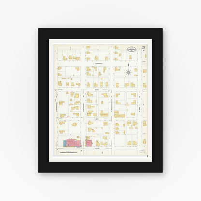 Old map wall art mockup — black gallery frame with white mat — Sanborn Fire Insurance Map from Lakeland, Polk County, Florida (1908), Sheet #0003