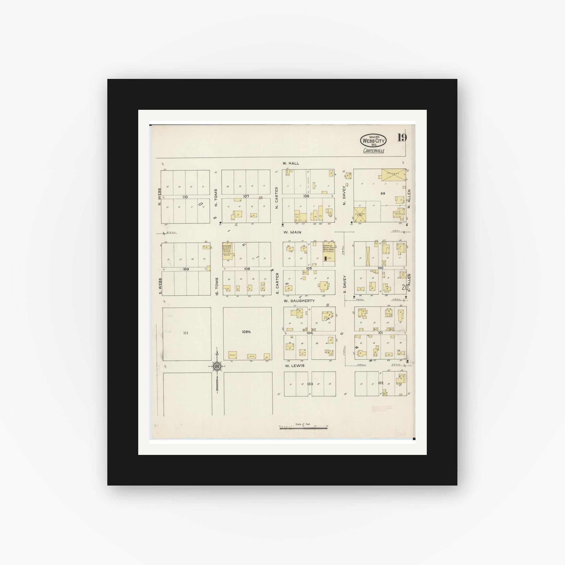 Old map wall art mockup — black gallery frame with white mat — Sanborn Fire Insurance Map from Webb City, Jasper County, Missouri (1915), Sheet #0019