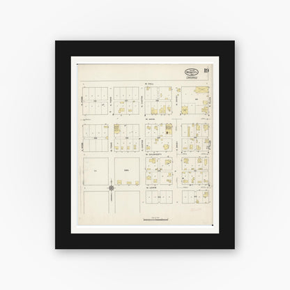 Old map wall art mockup — black gallery frame with white mat — Sanborn Fire Insurance Map from Webb City, Jasper County, Missouri (1915), Sheet #0019