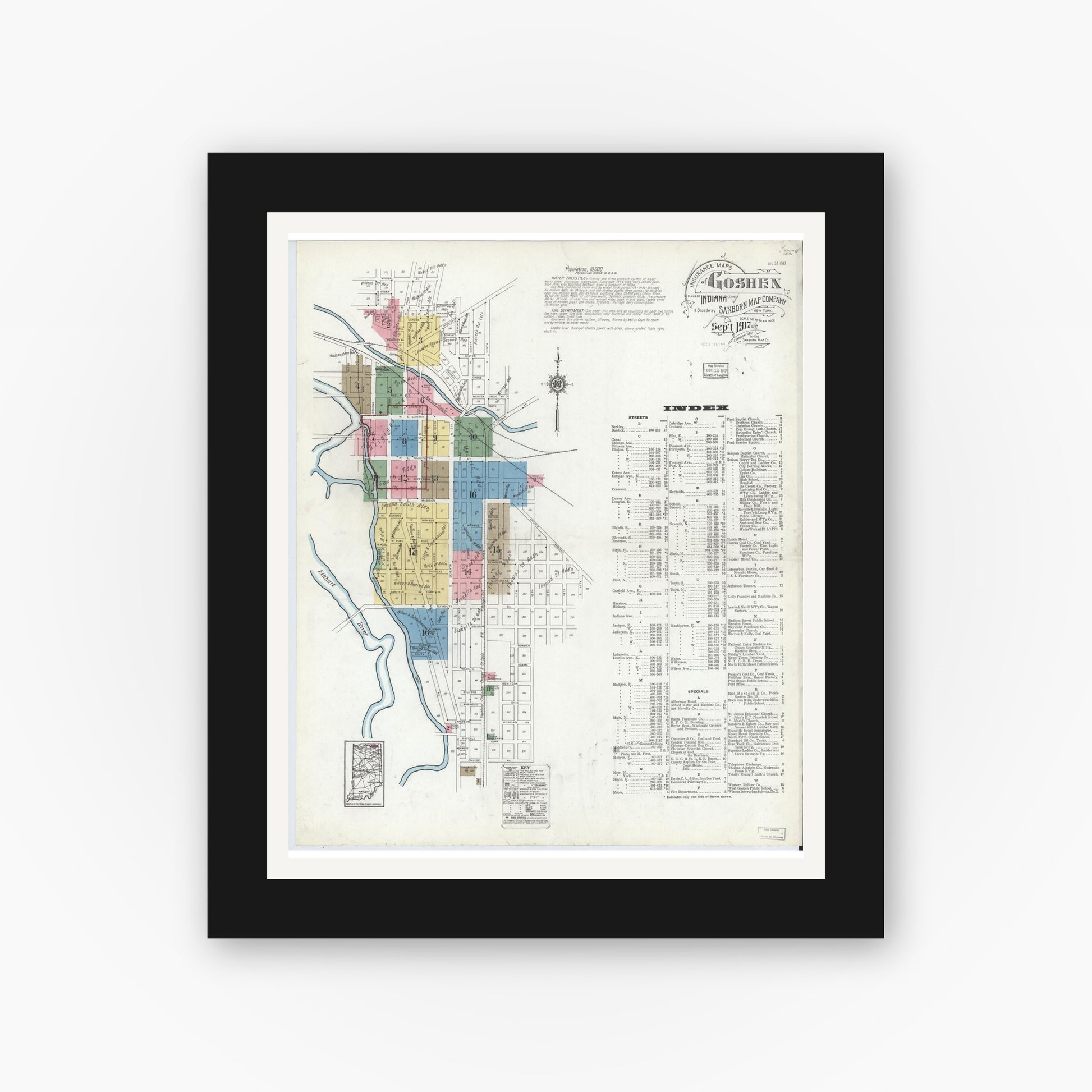 Old map wall art mockup — black gallery frame with white mat — Sanborn Fire Insurance Map from Goshen, Elkhart County, Indiana (1917) - Complete Map Set