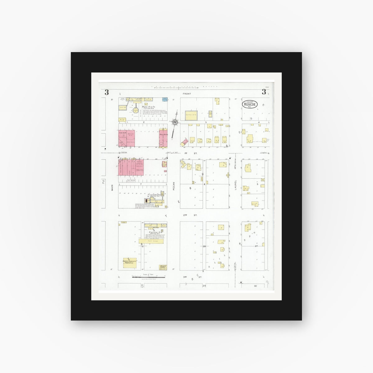 Old map wall art mockup — black gallery frame with white mat — Sanborn Fire Insurance Map from Roscoe, Nolan County, Texas (1927), Sheet #0003
