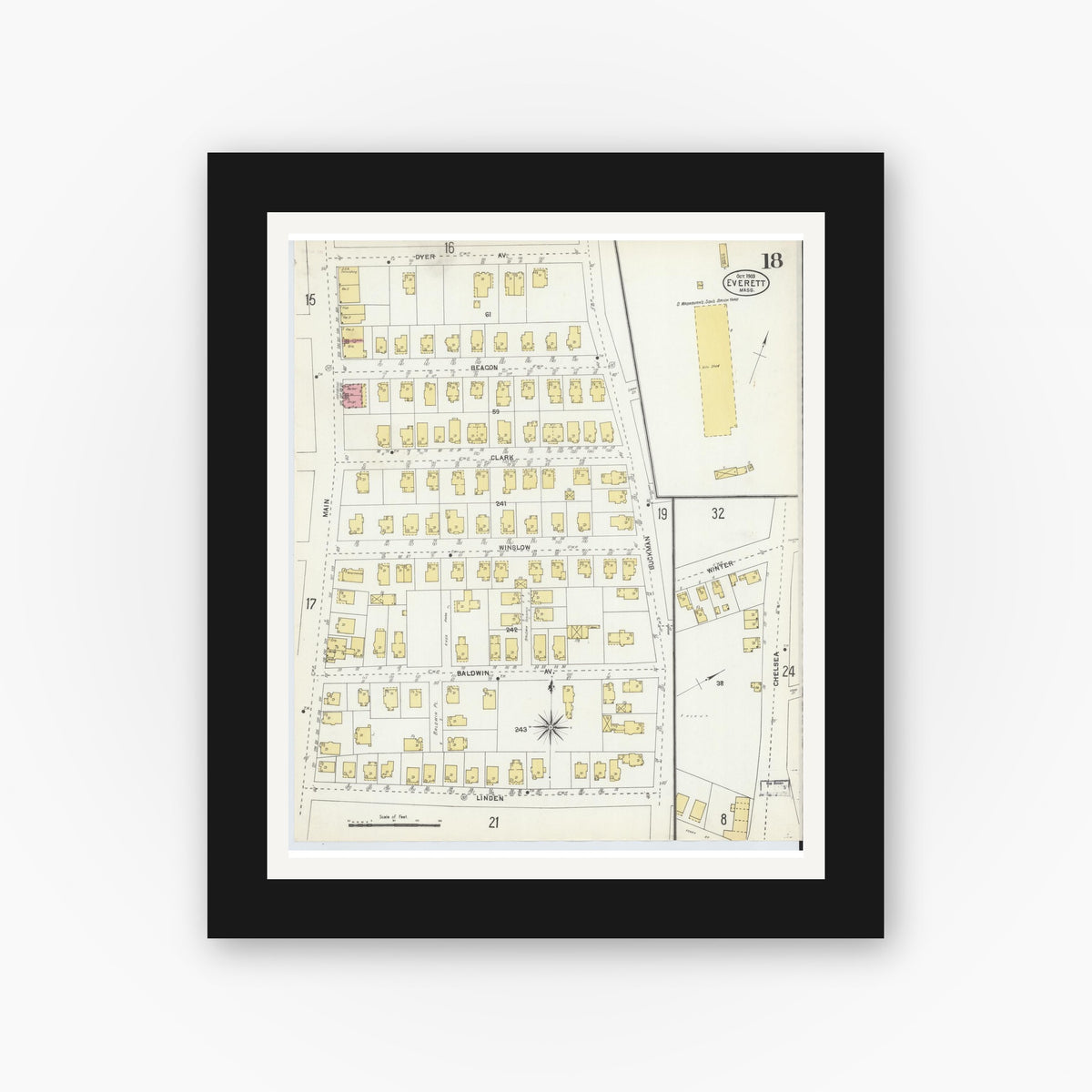 Old map wall art mockup — black gallery frame with white mat — Sanborn Fire Insurance Map from Everett, Middlesex County, Massachusetts (1903), Sheet #0018