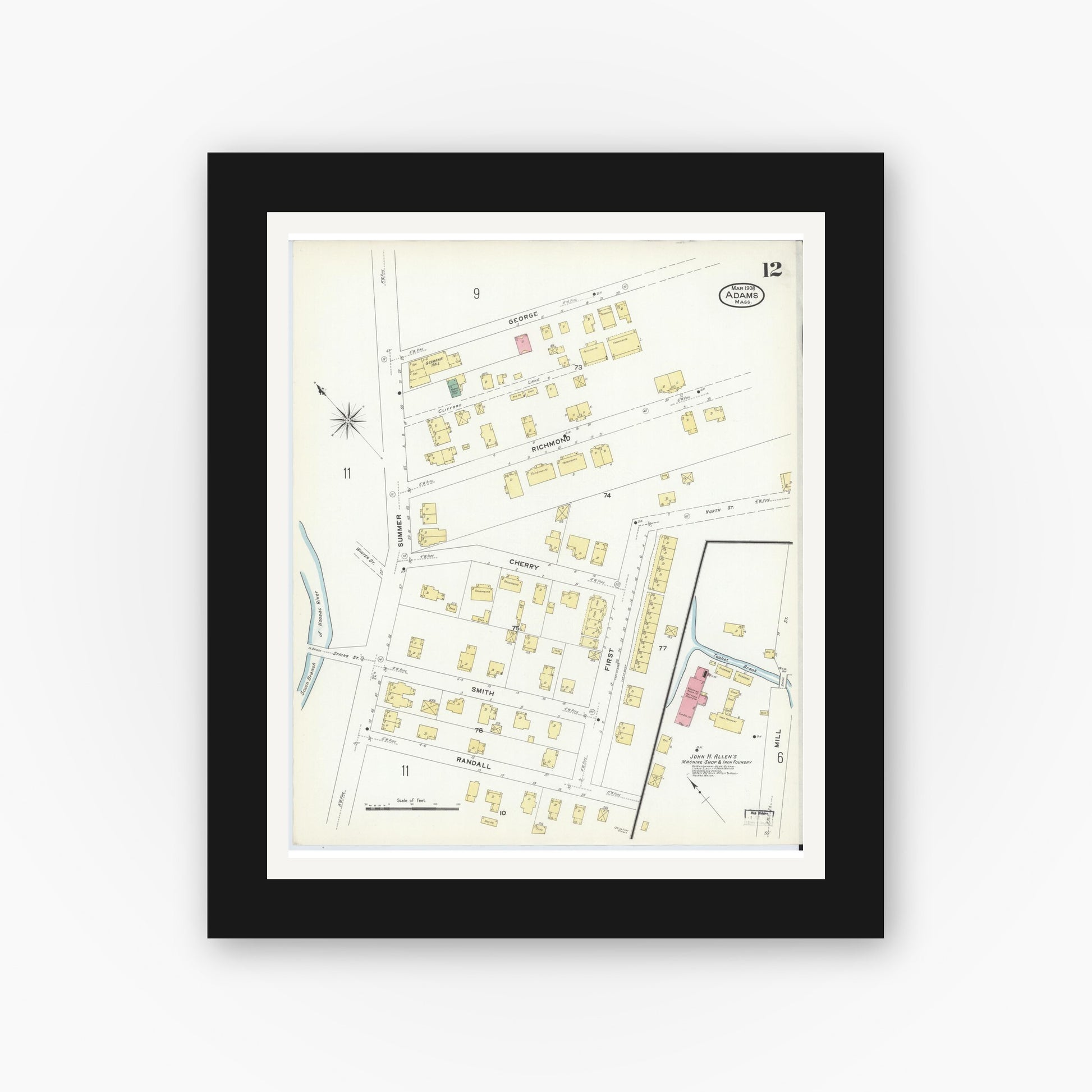 Old map wall art mockup — black gallery frame with white mat — Sanborn Fire Insurance Map from Adams, Berkshire County, Massachusetts (1908), Sheet #0012