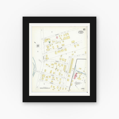 Old map wall art mockup — black gallery frame with white mat — Sanborn Fire Insurance Map from Adams, Berkshire County, Massachusetts (1908), Sheet #0012