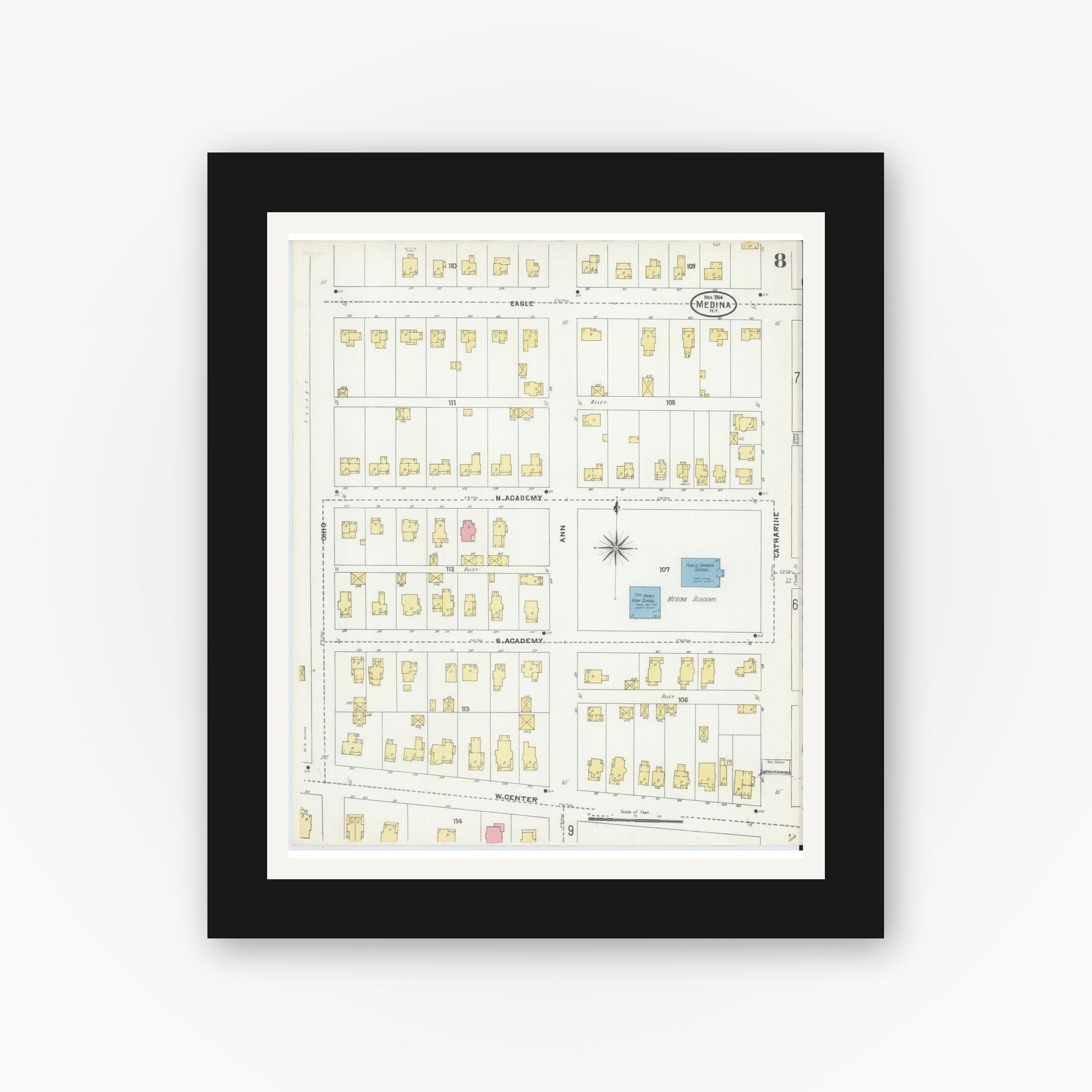 Old map wall art mockup — black gallery frame with white mat — Sanborn Fire Insurance Map from Medina, Orleans County, New York (1904), Sheet #0008