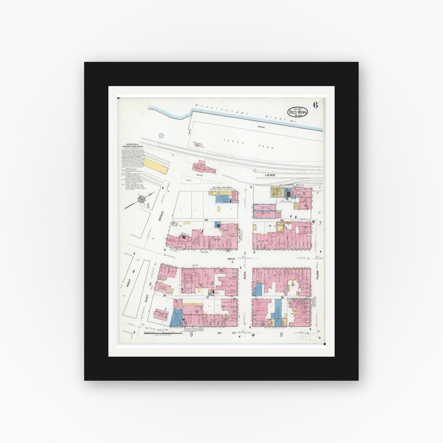 Old map wall art mockup — black gallery frame with white mat — Sanborn Fire Insurance Map from Red Wing, Goodhue County, Minnesota (1917), Sheet #0006