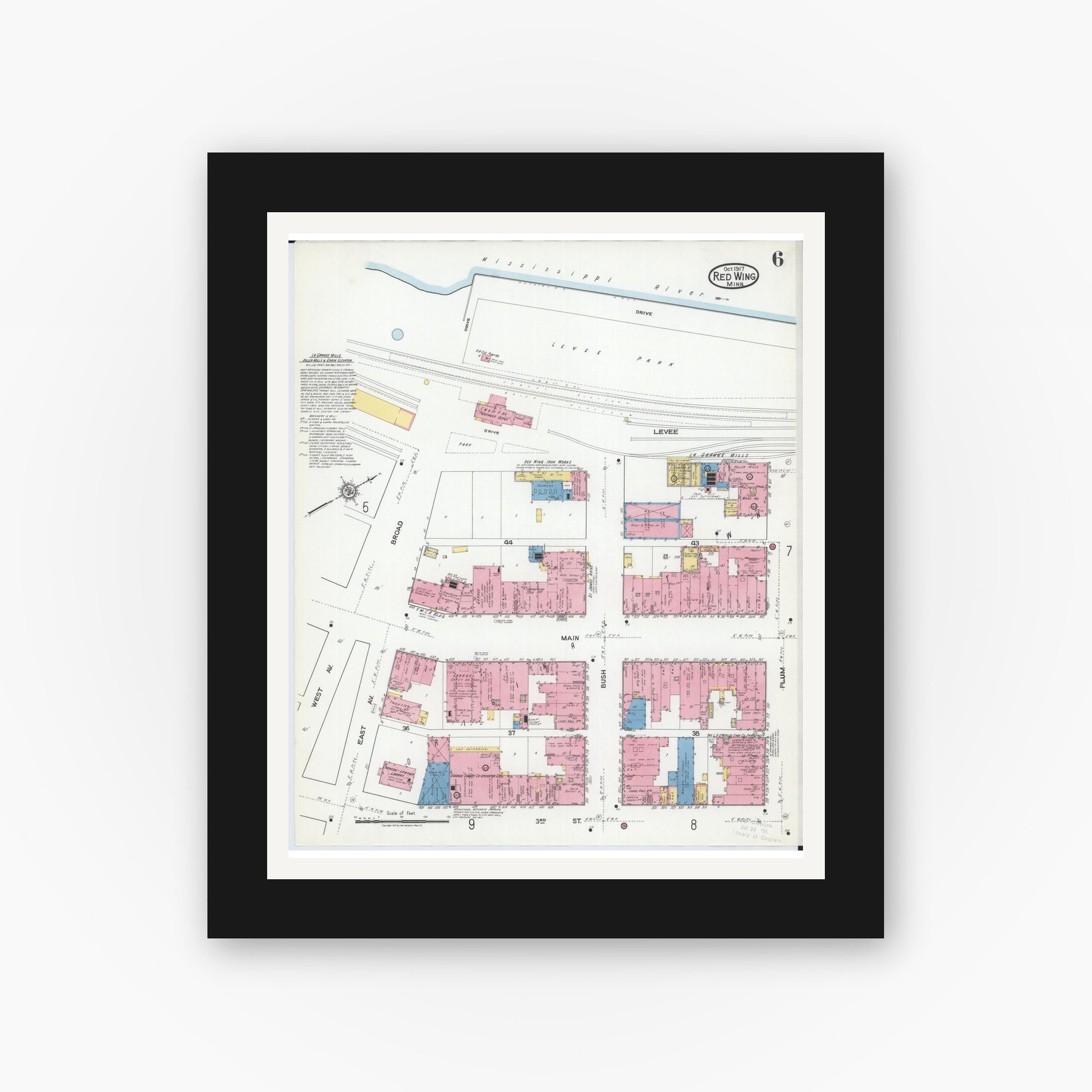 Old map wall art mockup — black gallery frame with white mat — Sanborn Fire Insurance Map from Red Wing, Goodhue County, Minnesota (1917), Sheet #0006
