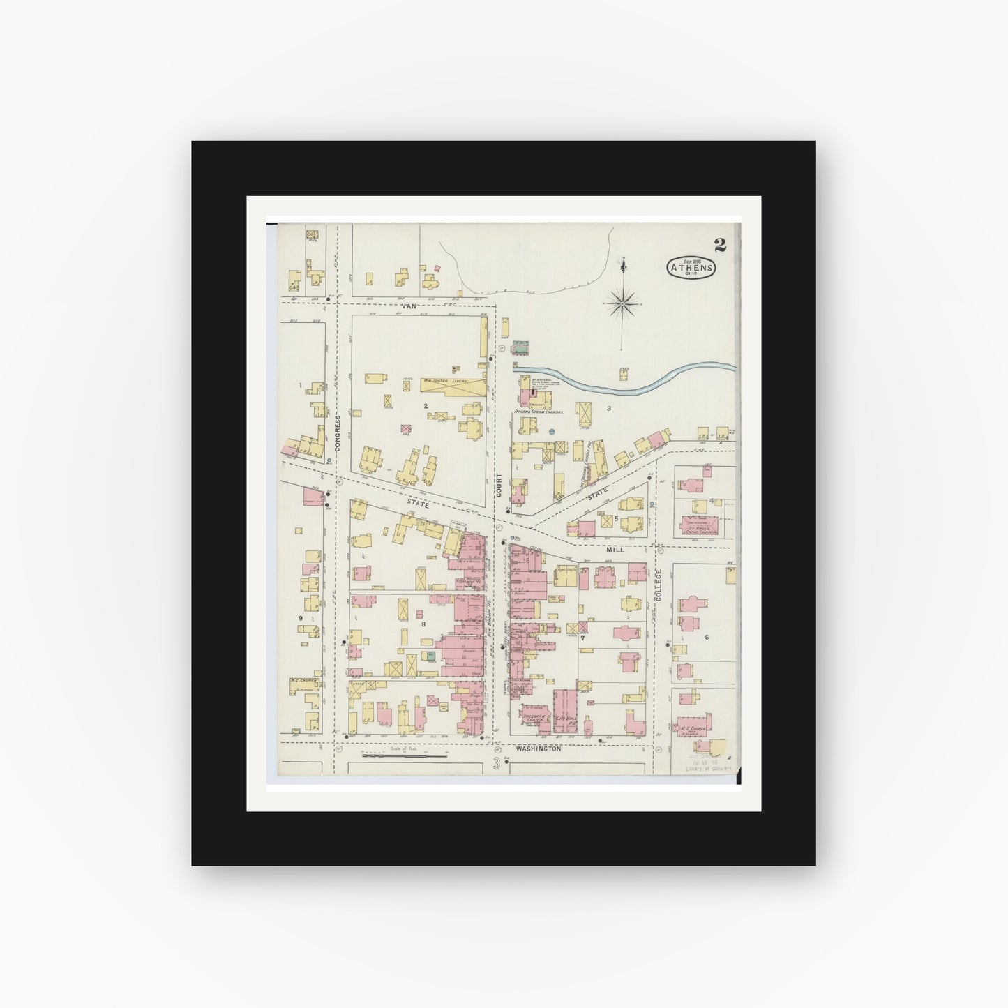 Old map wall art mockup — black gallery frame with white mat — Sanborn Fire Insurance Map from Athens, Athens County, Ohio (1895), Sheet #0002