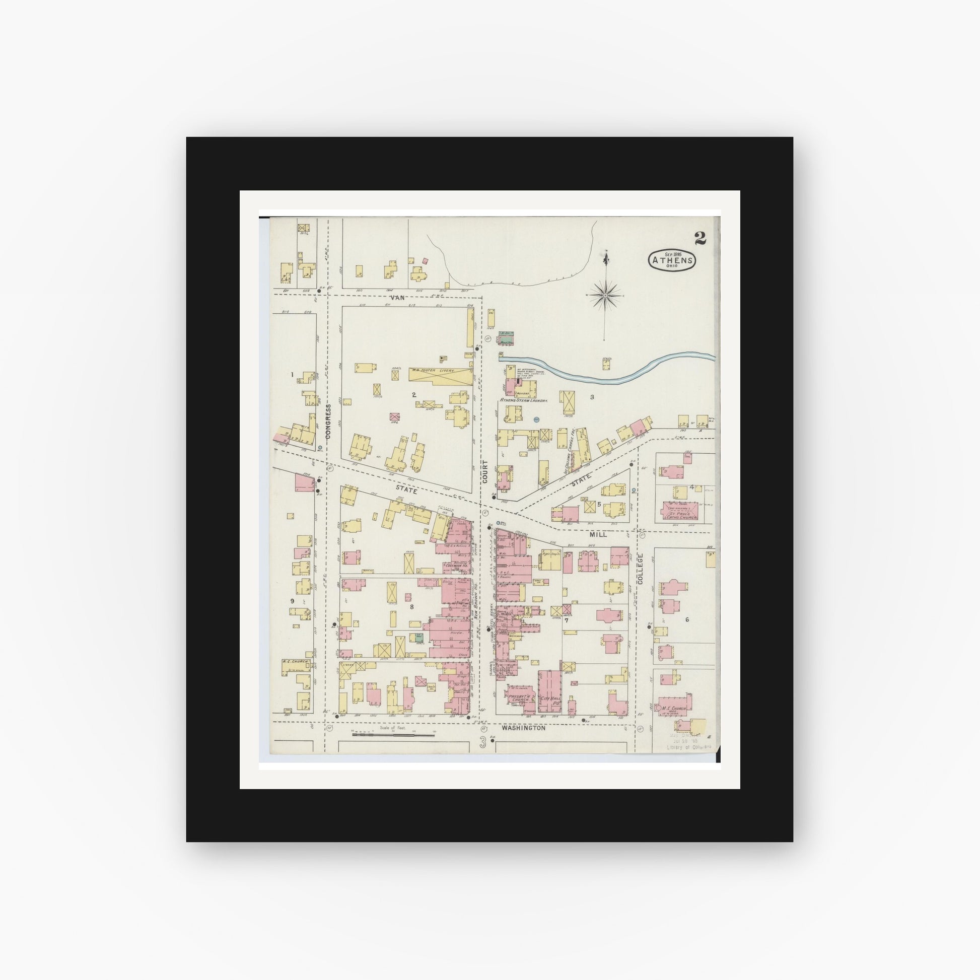 Old map wall art mockup — black gallery frame with white mat — Sanborn Fire Insurance Map from Athens, Athens County, Ohio (1895), Sheet #0002