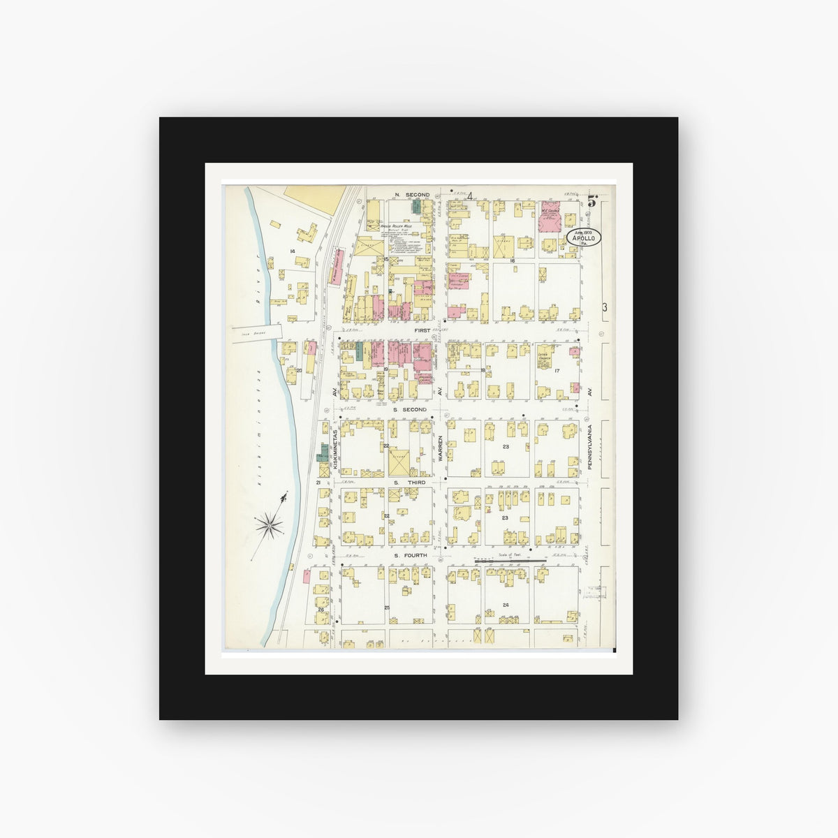 Old map wall art mockup — black gallery frame with white mat — Sanborn Fire Insurance Map from Apollo, Armstrong County, Pennsylvania (1909), Sheet #0005