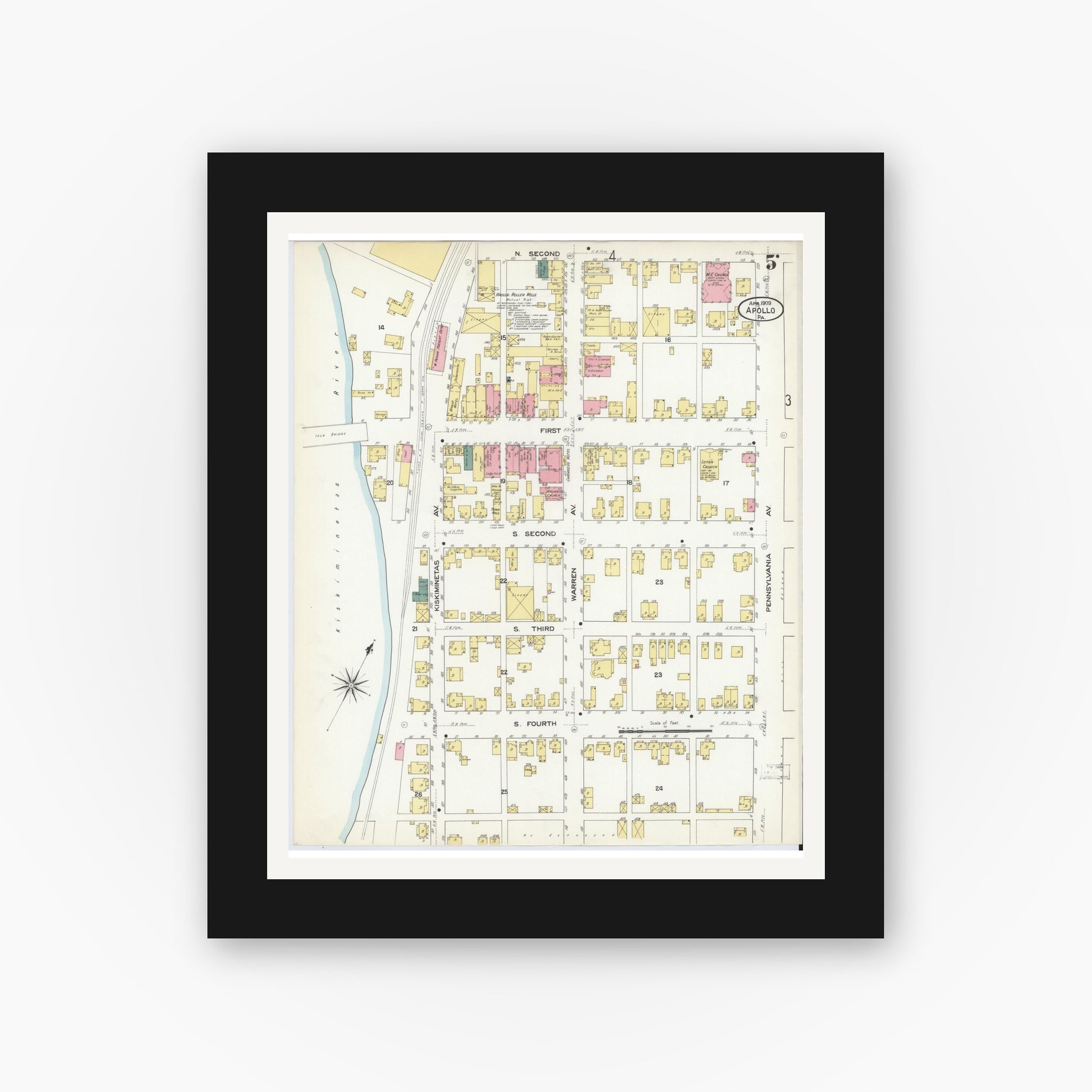 Old map wall art mockup — black gallery frame with white mat — Sanborn Fire Insurance Map from Apollo, Armstrong County, Pennsylvania (1909), Sheet #0005