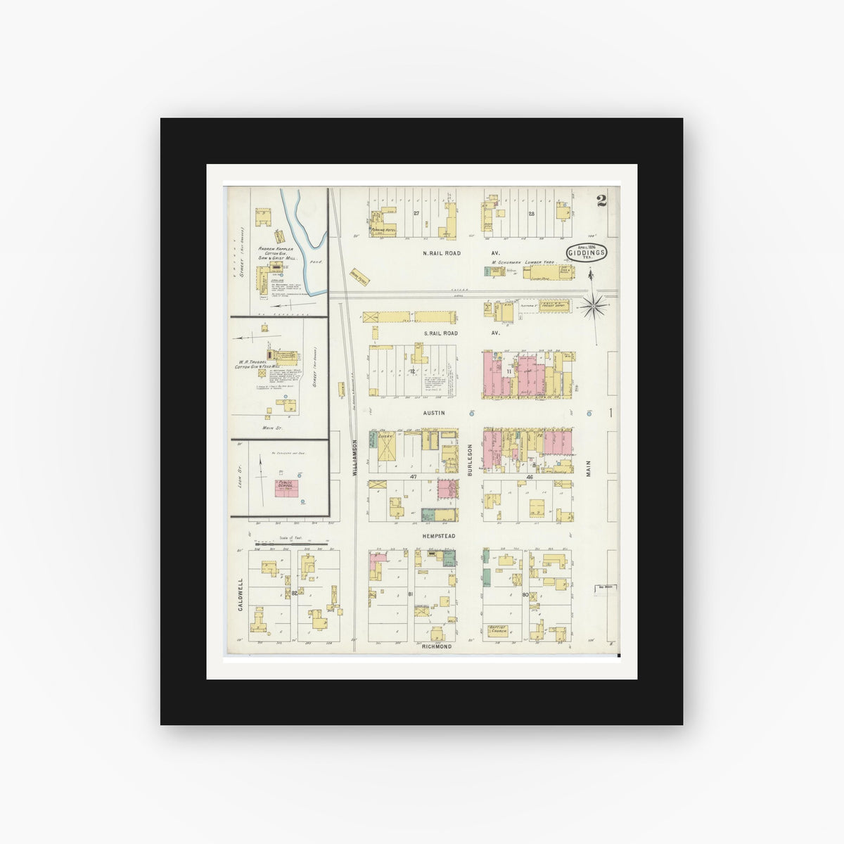 Old map wall art mockup — black gallery frame with white mat — Sanborn Fire Insurance Map from Giddings, Lee County, Texas (1896), Sheet #0002