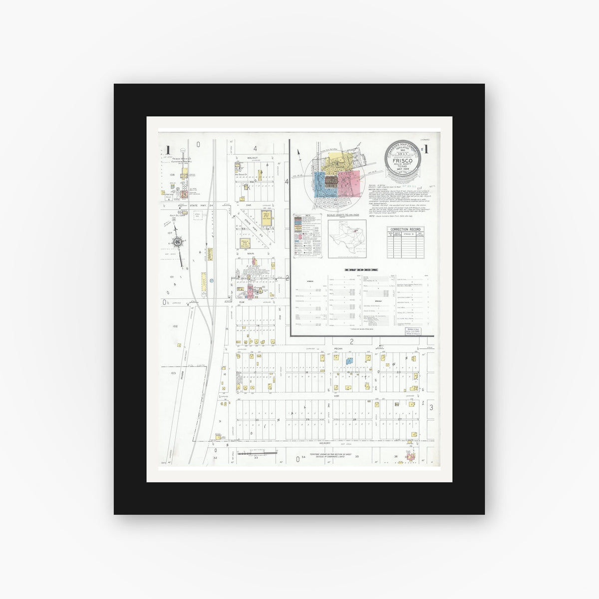 Old map wall art mockup — black gallery frame with white mat — Sanborn Fire Insurance Map from Frisco, Collin County, Texas (1949) - Complete Map Set