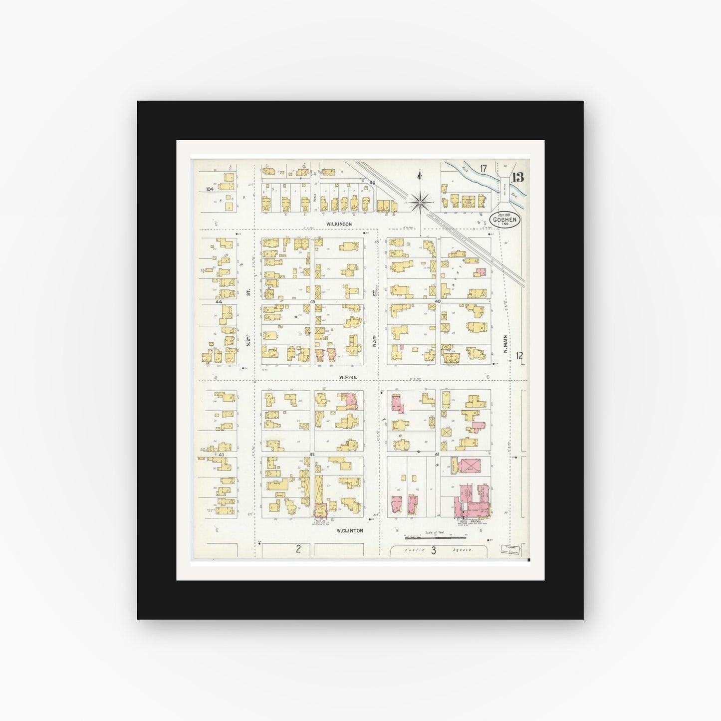 Old map wall art mockup — black gallery frame with white mat — Sanborn Fire Insurance Map from Goshen, Elkhart County, Indiana (1901), Sheet #0013