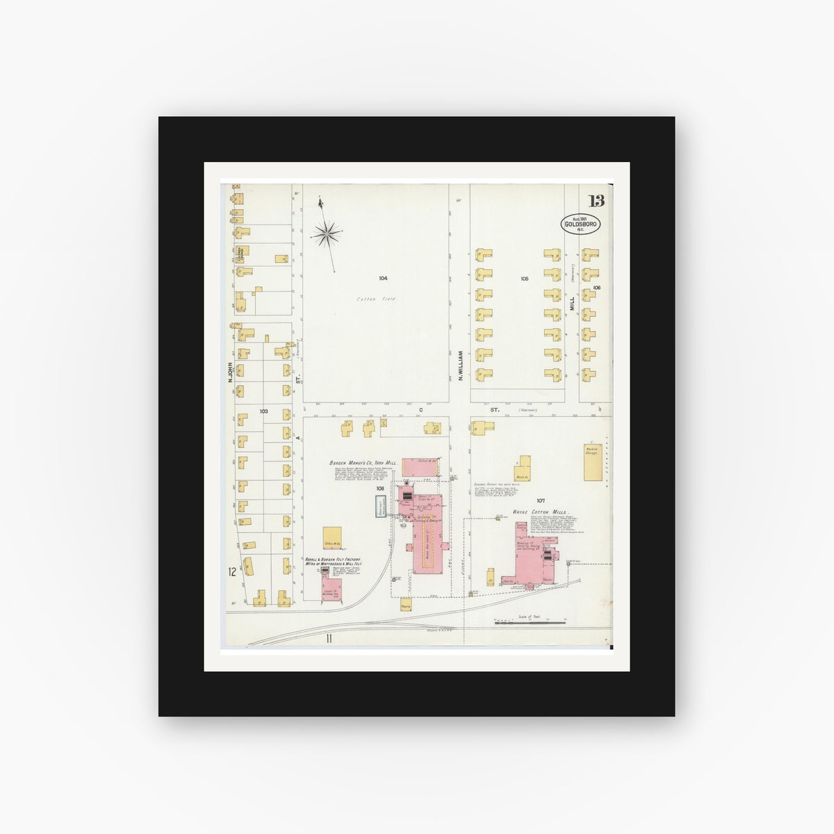 Old map wall art mockup — black gallery frame with white mat — Sanborn Fire Insurance Map from Goldsboro, Wayne County, North Carolina (1901), Sheet #0013