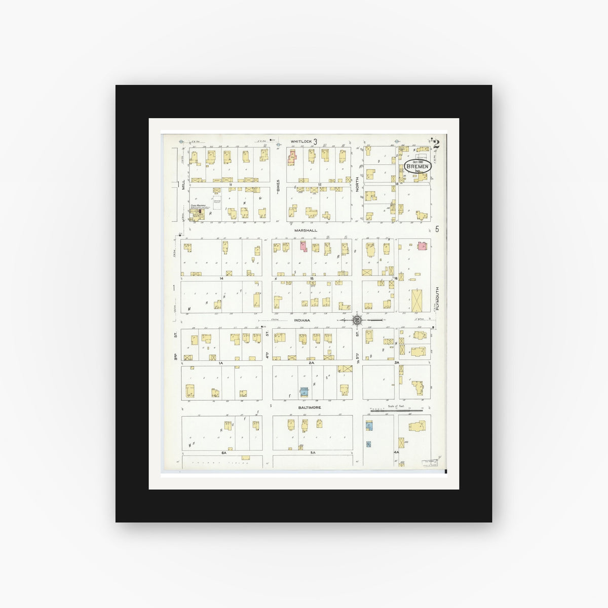 Old map wall art mockup — black gallery frame with white mat — Sanborn Fire Insurance Map from Bremen, Marshall County, Indiana (1910), Sheet #0002