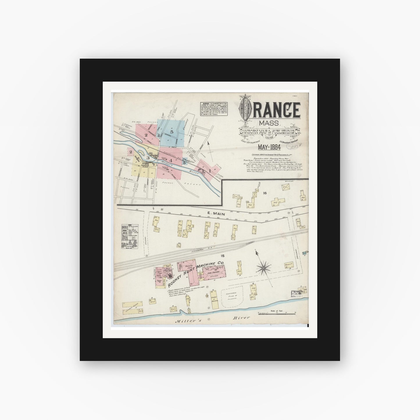 Old map wall art mockup — black gallery frame with white mat — Sanborn Fire Insurance Map from Orange, Franklin County, Massachusetts (1884), Sheet #0001