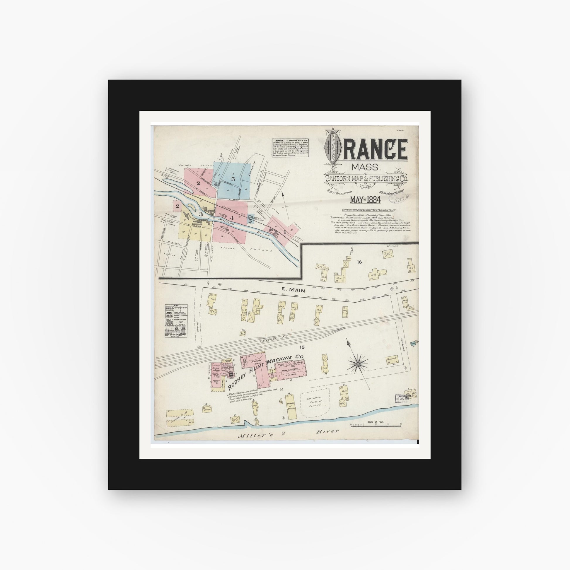 Old map wall art mockup — black gallery frame with white mat — Sanborn Fire Insurance Map from Orange, Franklin County, Massachusetts (1884), Sheet #0001