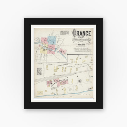 Old map wall art mockup — black gallery frame with white mat — Sanborn Fire Insurance Map from Orange, Franklin County, Massachusetts (1884), Sheet #0001