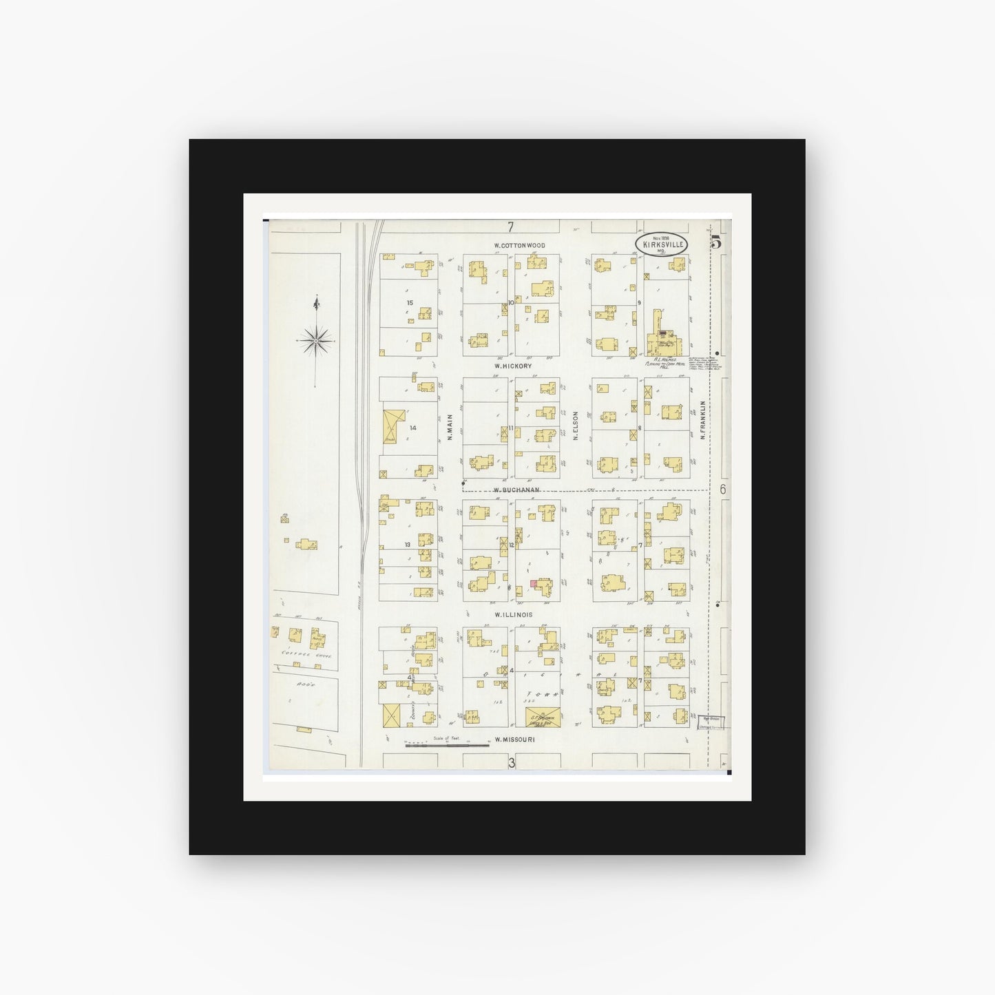 Old map wall art mockup — black gallery frame with white mat — Sanborn Fire Insurance Map from Kirksville, Adair County, Missouri (1898), Sheet #0005