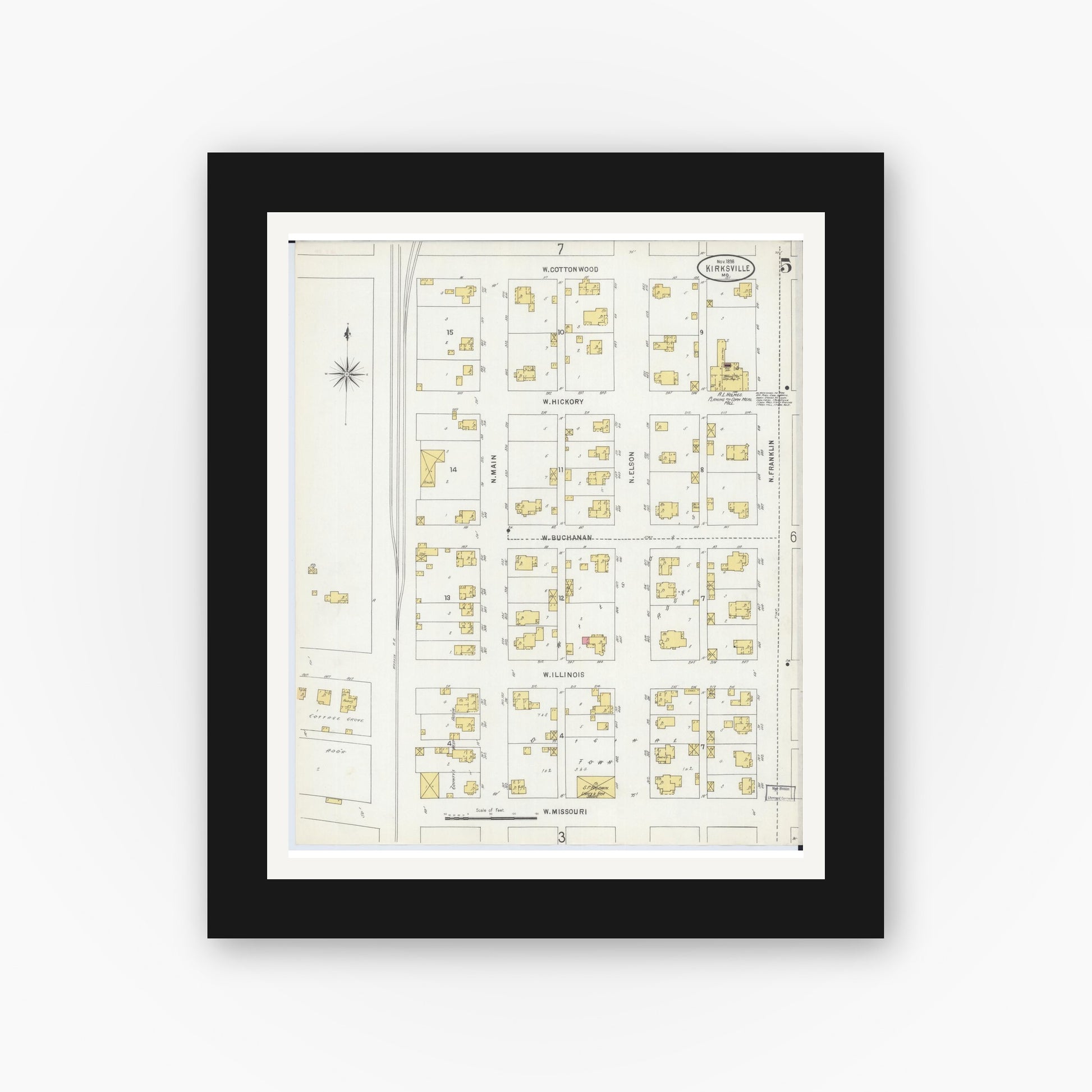 Old map wall art mockup — black gallery frame with white mat — Sanborn Fire Insurance Map from Kirksville, Adair County, Missouri (1898), Sheet #0005