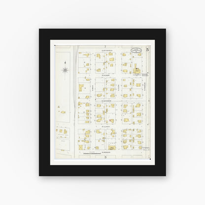 Old map wall art mockup — black gallery frame with white mat — Sanborn Fire Insurance Map from Kirksville, Adair County, Missouri (1898), Sheet #0005
