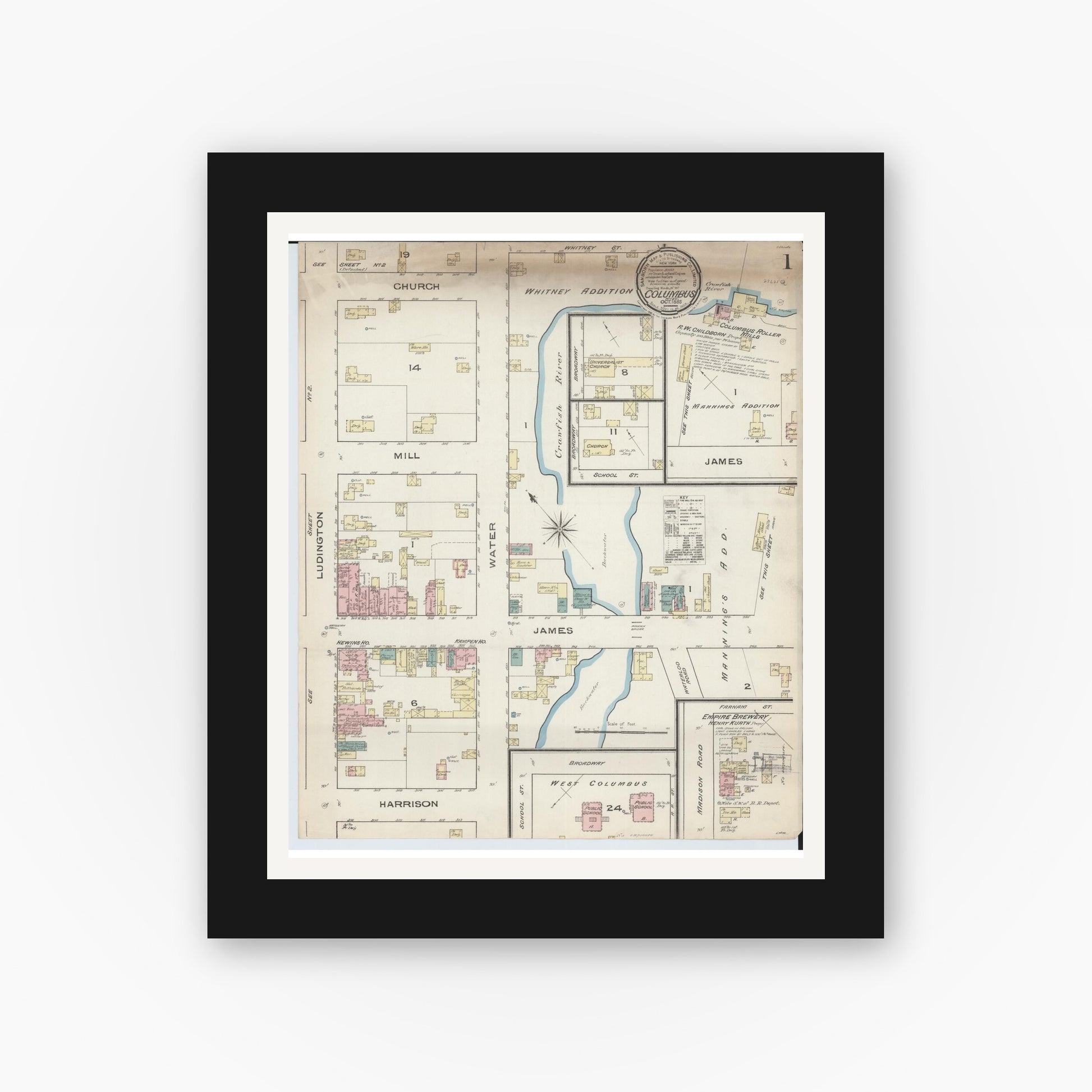 Old map wall art mockup — black gallery frame with white mat — Sanborn Fire Insurance Map from Columbus, Columbia and Dodge County, Wisconsin (1885), Sheet #0001