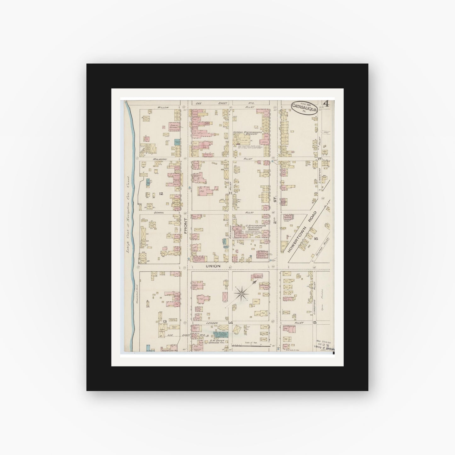 Old map wall art mockup — black gallery frame with white mat — Sanborn Fire Insurance Map from Catasauqua, Lehigh County, Pennsylvania (1885), Sheet #0004