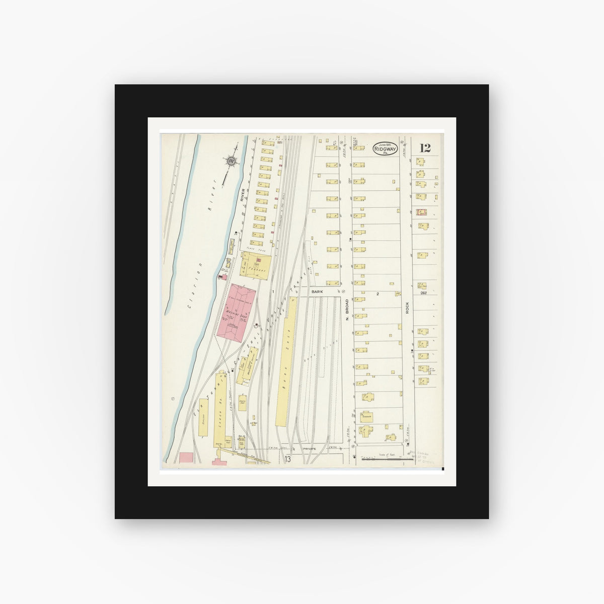 Old map wall art mockup — black gallery frame with white mat — Sanborn Fire Insurance Map from Ridgway, Elk County, Pennsylvania (1915), Sheet #0012