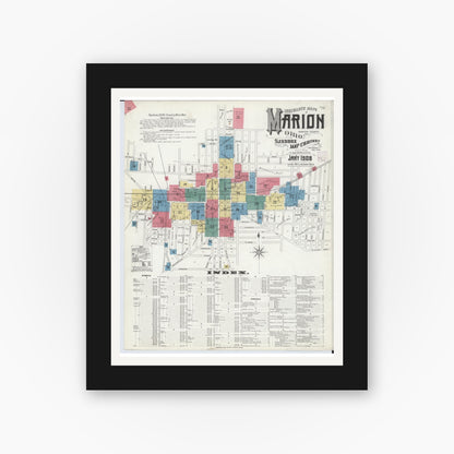 Old map wall art mockup — black gallery frame with white mat — Sanborn Fire Insurance Map from Marion, Marion County, Ohio (1908), Sheet #0001
