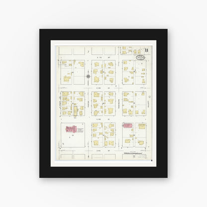 Old map wall art mockup — black gallery frame with white mat — Sanborn Fire Insurance Map from Taylor, Williamson County, Texas (1916), Sheet #0011