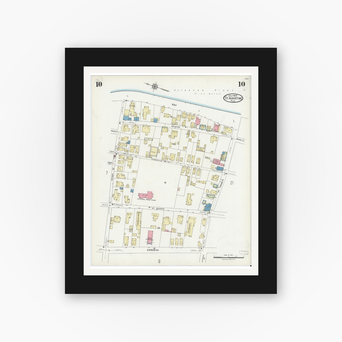 Old map wall art mockup — black gallery frame with white mat — Sanborn Fire Insurance Map from Saint Augustine, Saint John's County, Florida (1924), Sheet #0010