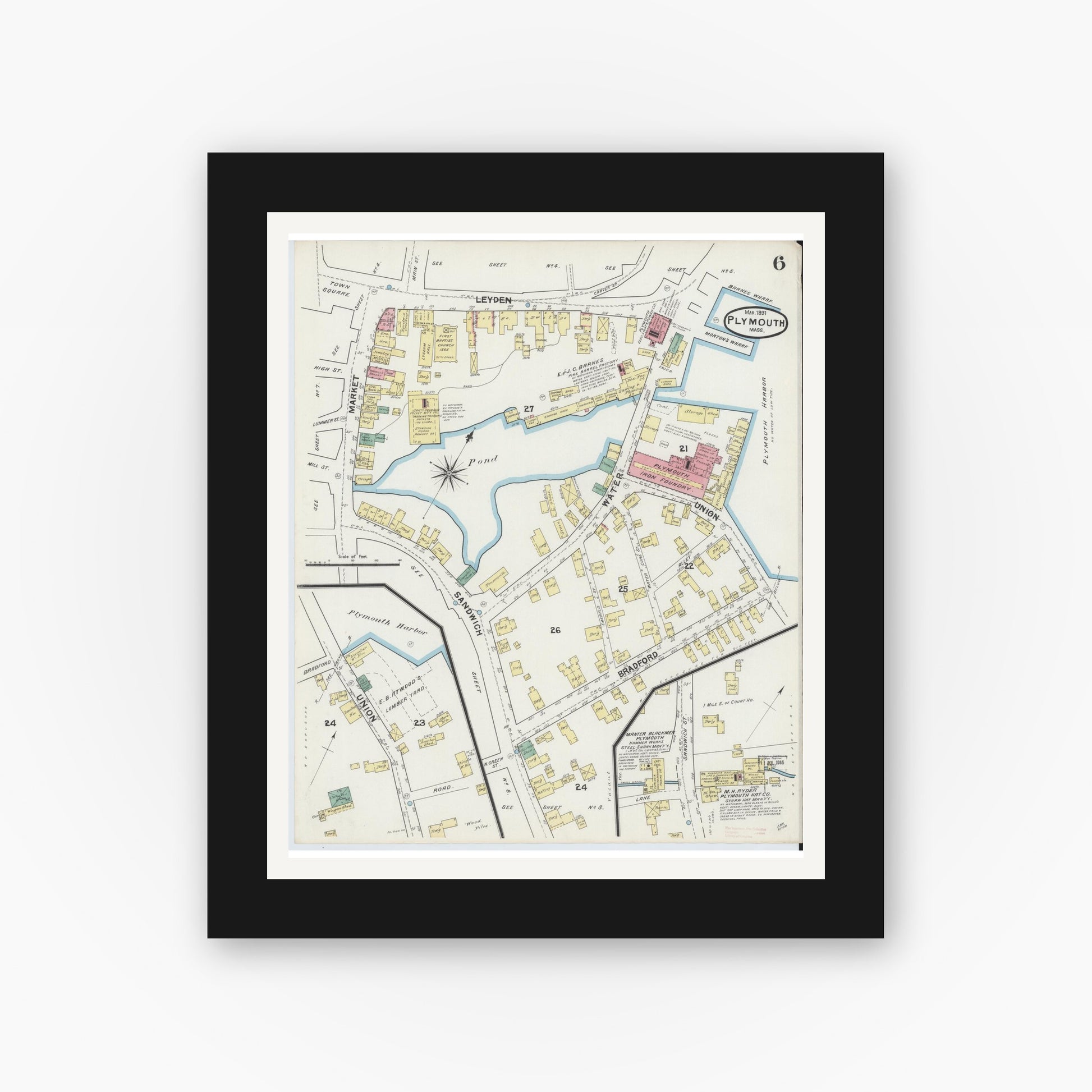 Old map wall art mockup — black gallery frame with white mat — Sanborn Fire Insurance Map from Plymouth, Plymouth County, Massachusetts (1891), Sheet #0006