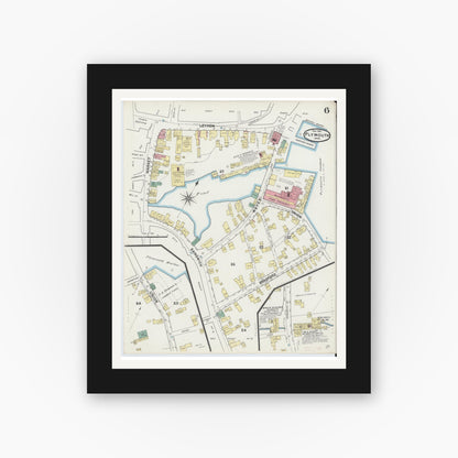 Old map wall art mockup — black gallery frame with white mat — Sanborn Fire Insurance Map from Plymouth, Plymouth County, Massachusetts (1891), Sheet #0006