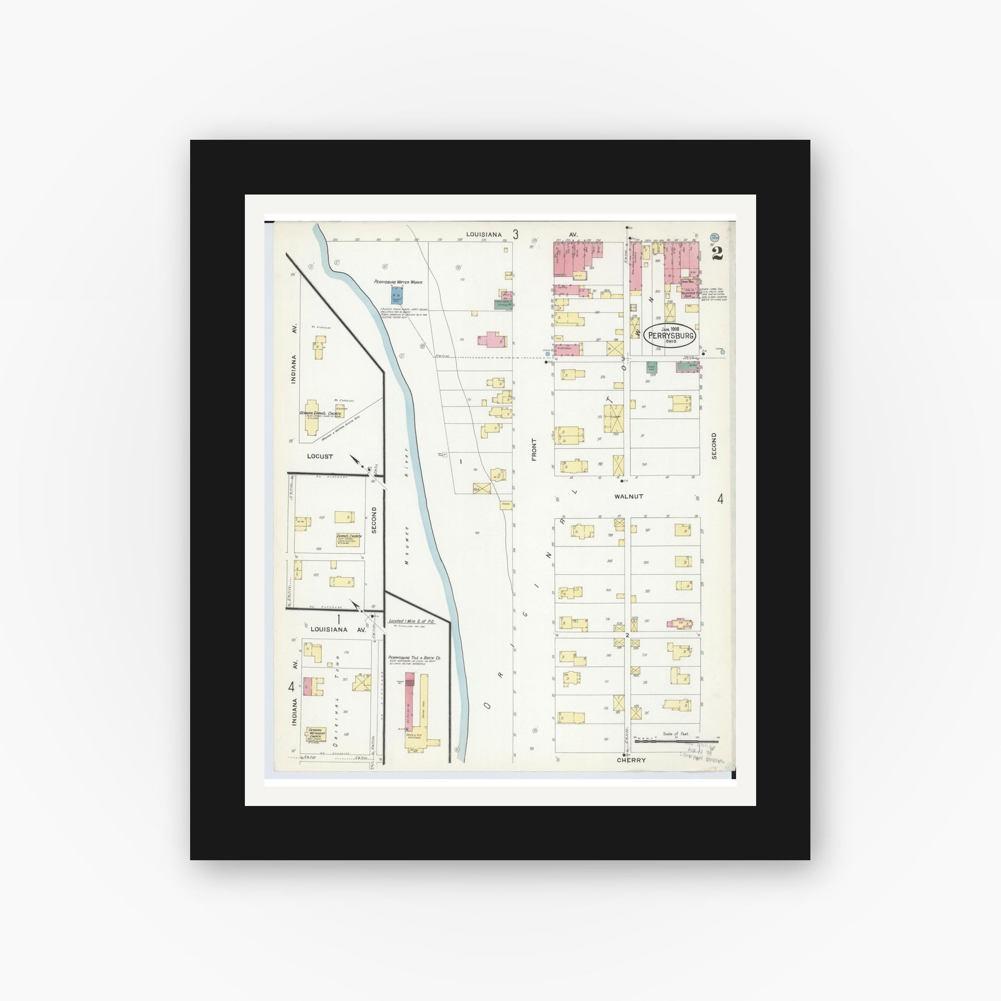 Old map wall art mockup — black gallery frame with white mat — Sanborn Fire Insurance Map from Perrysburg, Wood County, Ohio (1908), Sheet #0002