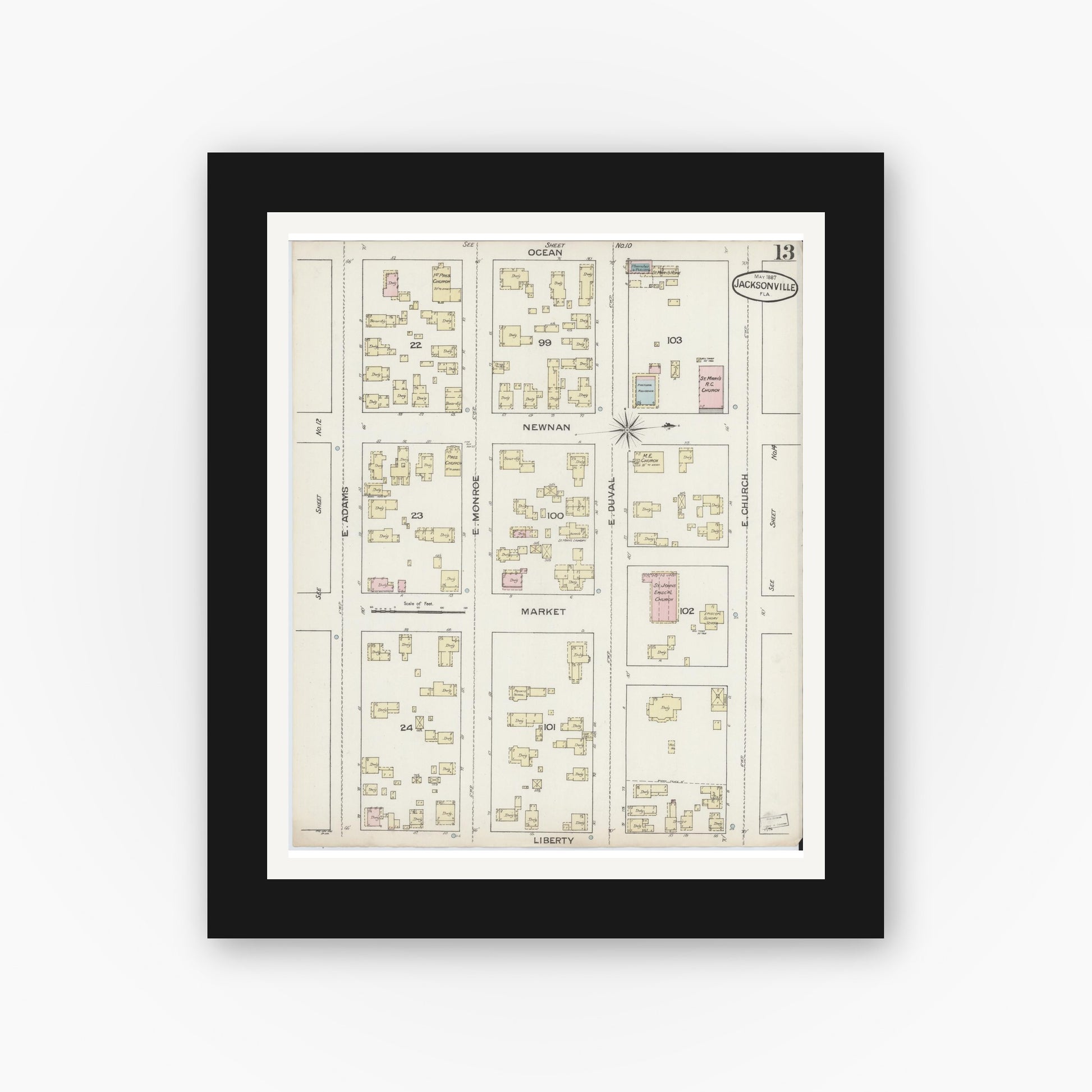 Old map wall art mockup — black gallery frame with white mat — Sanborn Fire Insurance Map from Jacksonville, Duval County, Florida (1887), Sheet #0013