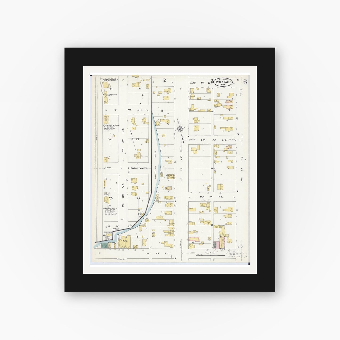 Old map wall art mockup — black gallery frame with white mat — Sanborn Fire Insurance Map from Little Falls, Morrison County, Minnesota (1909), Sheet #0006