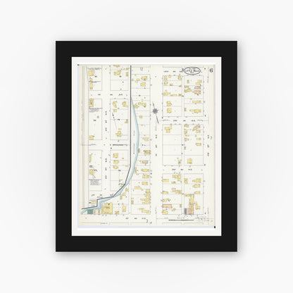 Old map wall art mockup — black gallery frame with white mat — Sanborn Fire Insurance Map from Little Falls, Morrison County, Minnesota (1909), Sheet #0006
