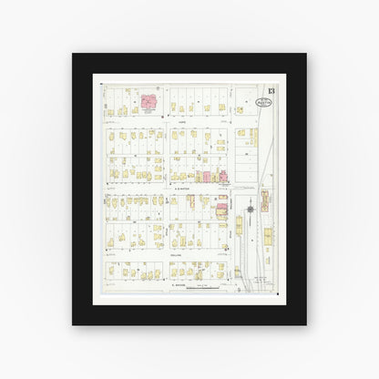 Old map wall art mockup — black gallery frame with white mat — Sanborn Fire Insurance Map from Austin, Mower County, Minnesota (1910), Sheet #0013