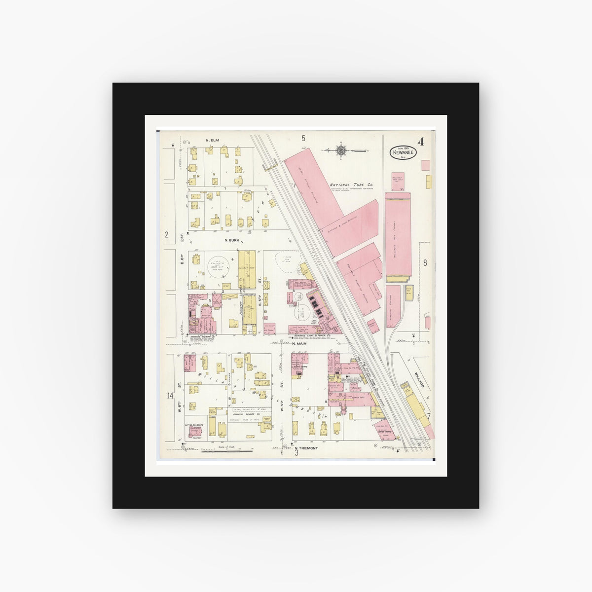 Old map wall art mockup — black gallery frame with white mat — Sanborn Fire Insurance Map from Kewanee, Henry County, Illinois (1910), Sheet #0004