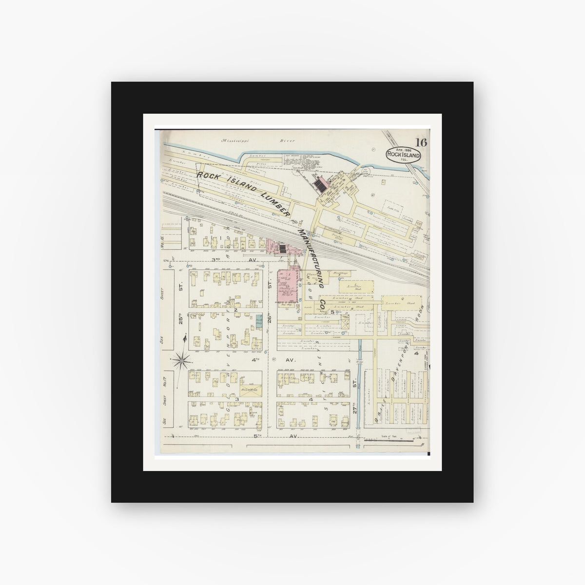 Old map wall art mockup — black gallery frame with white mat — Sanborn Fire Insurance Map from Rock Island, Rock Island County, Illinois (1886), Sheet #0016