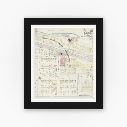 Old map wall art mockup — black gallery frame with white mat — Sanborn Fire Insurance Map from Rock Island, Rock Island County, Illinois (1886), Sheet #0016