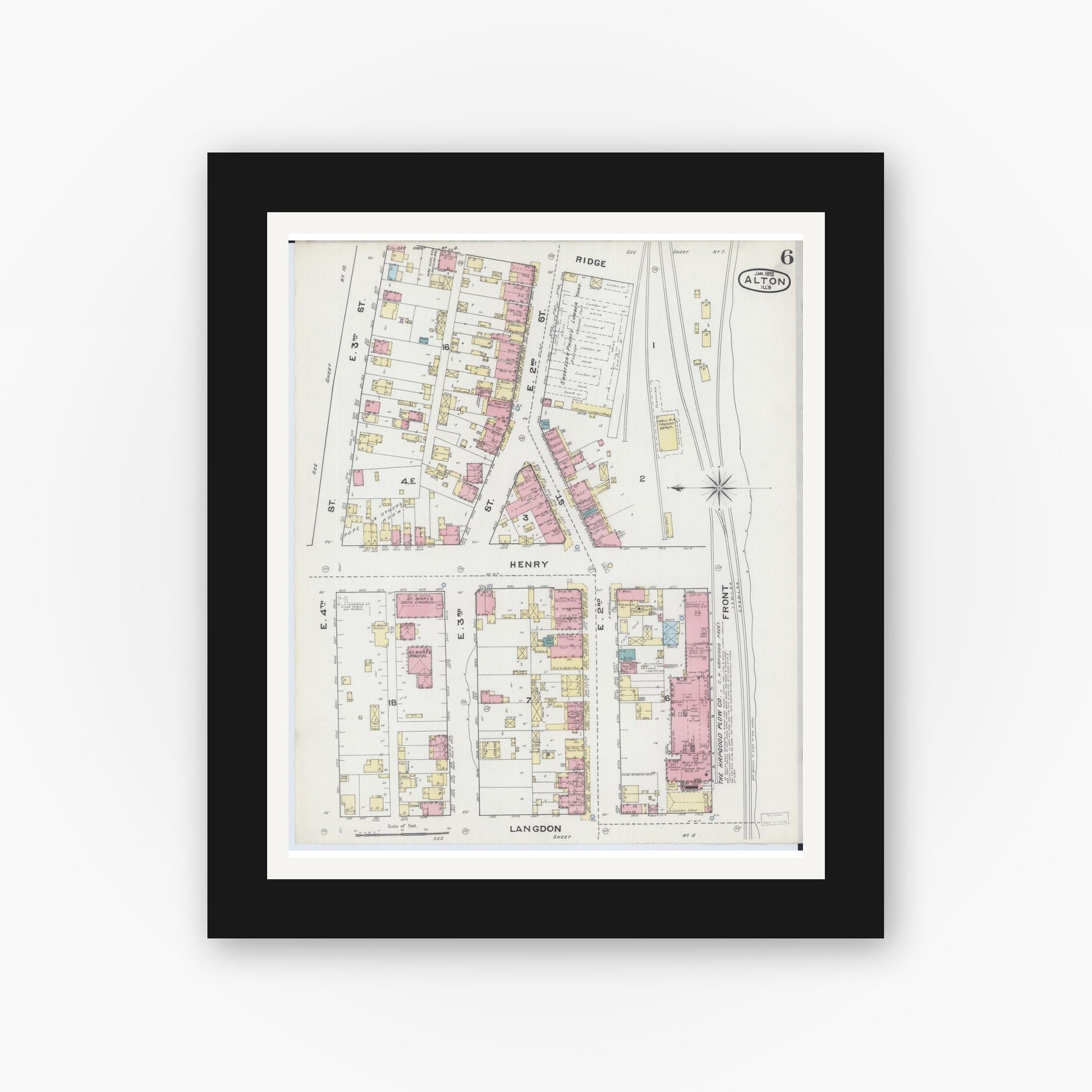 Old map wall art mockup — black gallery frame with white mat — Sanborn Fire Insurance Map from Alton, Madison County, Illinois (1892), Sheet #0006