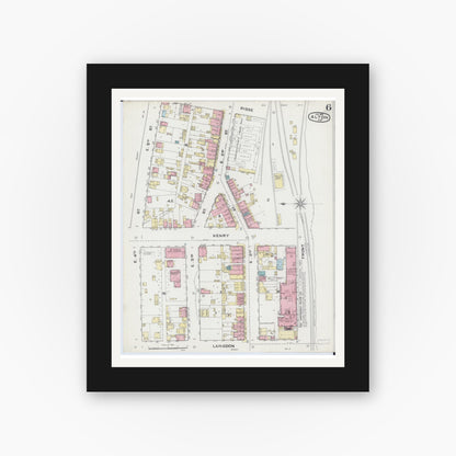 Old map wall art mockup — black gallery frame with white mat — Sanborn Fire Insurance Map from Alton, Madison County, Illinois (1892), Sheet #0006