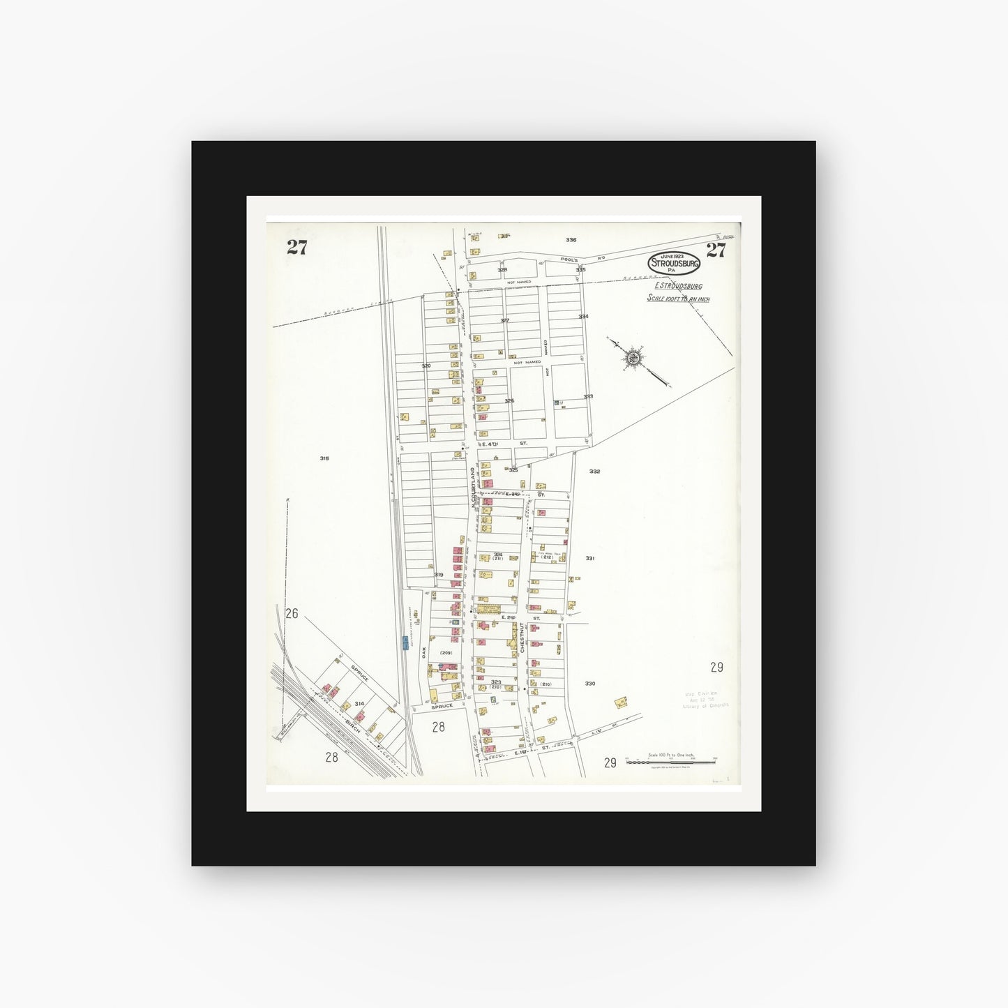 Old map wall art mockup — black gallery frame with white mat — Sanborn Fire Insurance Map from Stroudsburg, Monroe County, Pennsylvania (1923), Sheet #0027
